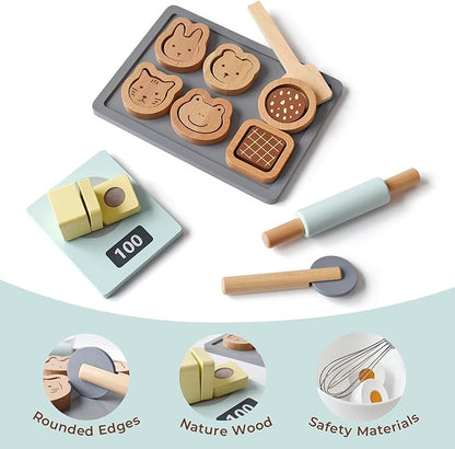 PairPear Wooden Cookie & Baking Play Food Set, Kids 28 Pieces Sliceable Cookies, Hand Mixer Toy Kitchen Accessories Playset, Montessori Pretend Kitchen Gift for Kids Ages 3+