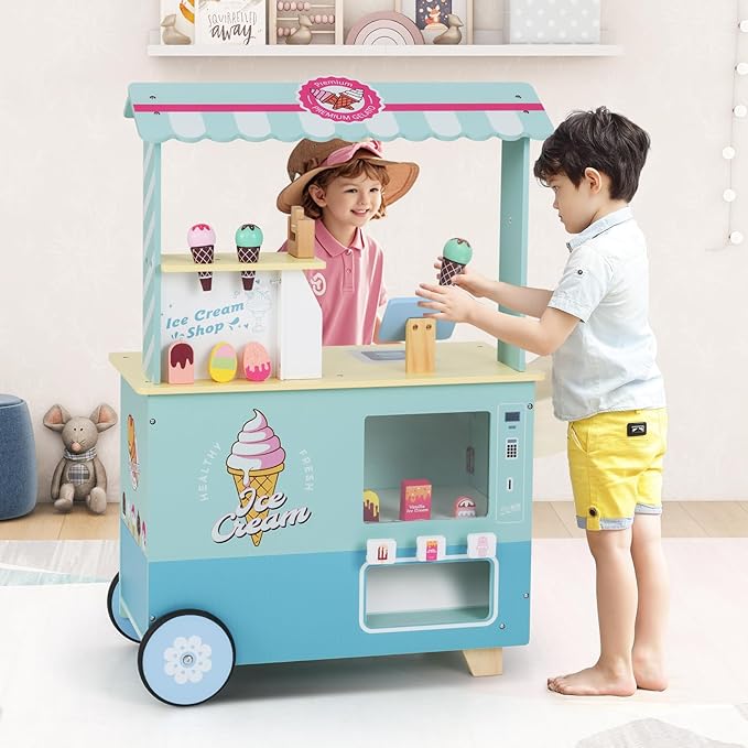 Costzon Ice Cream Cart, Wooden Grocery Store w/Vending Machine, Play Food, Display Rack & Shelves, Swivel Wheels, Push Handle, Ice Cream Truck, Market Stand Pretend Playset for Kids Ages 3+ (Green)