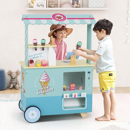 Costzon Ice Cream Cart, Wooden Grocery Store w/Vending Machine, Play Food, Display Rack & Shelves, Swivel Wheels, Push Handle, Ice Cream Truck, Market Stand Pretend Playset for Kids Ages 3+ (Green)