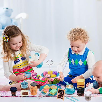 Pretend Tea Party Set for Little Girls, 48 PCS Coffee Maker Set and Play Food Dessert Set for Kids Age 3 4 5 6 7 8 9, Kids Kitchen Pretend Play for Princess Girls Boys(Blue)