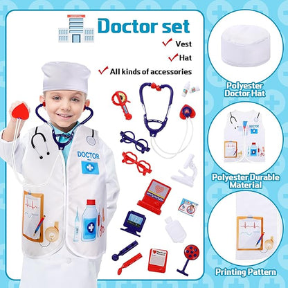 3 Sets Kids Dress up and Role Play Clothes, Boys Girls Dress up Clothes Costumes, Doctor, Chef, Explorer Vest for Kids Children Pretend Role Accessories