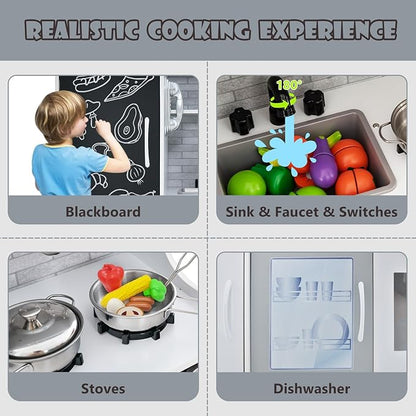 Costzon Kids Kitchen Playset, Wooden Pretend Cooking Toy Set w/Realistic Sound, Large Blackboard, Telephone, Microwave, Ice Maker, Dishwasher, Oven, Storage Space, Play Kitchen for Kids Ages 3+ (Grey)