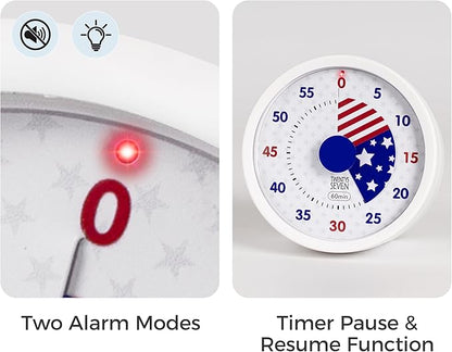 TWENTY5 SEVEN Countdown Timer 3 inch, Silent 60 Minute 1 Hour Visual Timer with Pause, Magnetic Classroom Teaching Tool Office Meeting, Countdown Clock for Kids Time Management, Red White and Blue