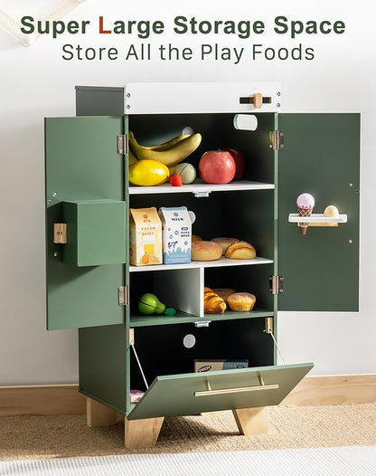 ROBOTIME Wooden Toy Fridge - Play Kitchen Set with Accessories, Kitchen Playset Interactive Refrigerator for Pretend Play Fridge for Kids, Toddler Kitchen Appliance (Vintage Green)