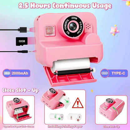 Kids Camera Instant Print - 1080P HD Video Digital Camera for Toddler with Printing Photo Paper, Portable Toy for 4 5 6 7 8 9 10 Years Old, Christmas Birthday Gifts for Boys Girls (Pink)