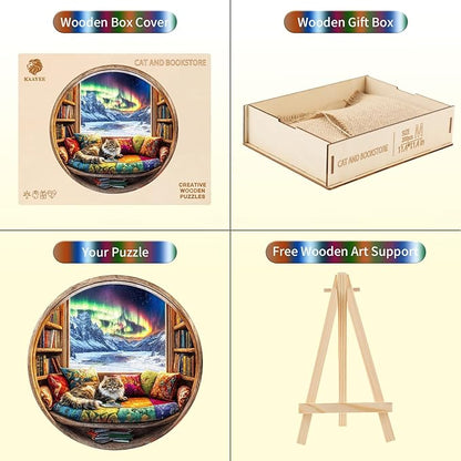Wooden Puzzles for Adults, Warm Cats and Books Jigsaw Puzzles, Unique Shaped Wooden Puzzle for Adults and Kids, Birthday Gift Family Game.(11.4X 11.4 in 200pcs)