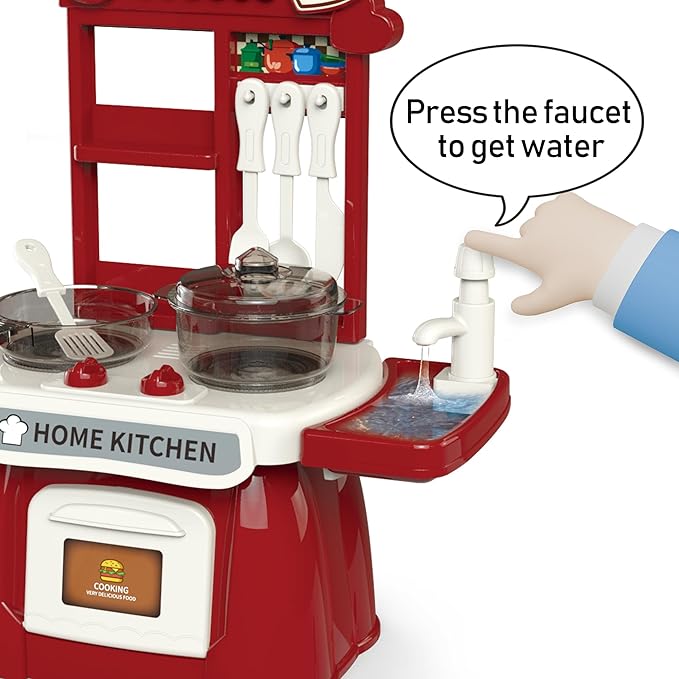 Kitchen Set for Toddler with Sound and Light，Pretend Cooking Food Set,Kids Kitchen Playset，Play Sink with Running Water and Electronic Induction Stove，Kitchen Accessories (red Kitchen Set)