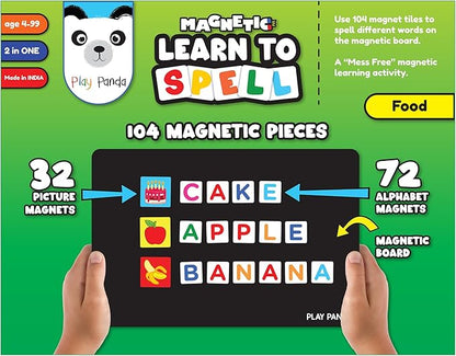 Magnetic Educational Toys for Kids Aged 3 4 5 6 – Learn to Spell Foods| 104 Magnet Pieces – 32 Picture & 72 Letter with Magnetic Board & Spelling Game Guide | Preschool Learning Toy for Girls & Boys