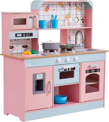VEVOR Wooden Play Kitchen Toy, Play Kitchen for Kids with Lights and Sounds, Toddler Kitchen with Ice Maker, Oven, Sink, Microwaves, Fridge and Utensil and Fruit Accessory for Toddlers Ages 3-8, Pink