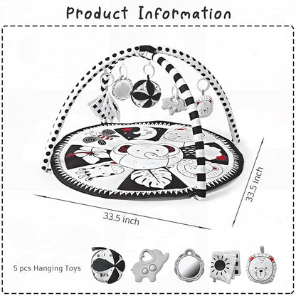 Black and White Tummy Time Mat, Play Mat for Babies 0-6 Months High Contrast Baby Play Activity Gym Baby Tummy Time Play Mat with 5 Toys for Early Sensory Exploration Newborn Infant Baby Playmat