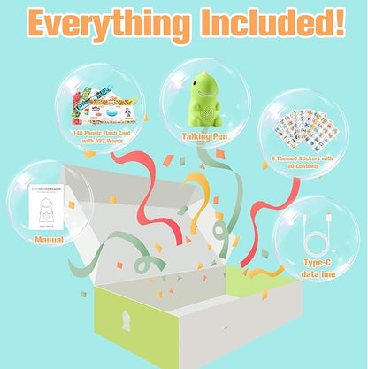 Phonics Flash Cards with Talking Pen for Homeschool Essentials -Hooked on Phonics Games for Kids Ages 4-8 Kindergarten Preschool Learning Activities, Interactive Dinosaur Learn to Read from 21 Stages