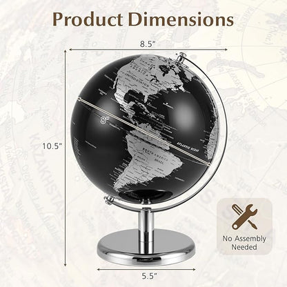 8" World Globe, Black Earth Globe with Silver Accents, Metal Stand, Non-slip Base & Time Zone, Decorative Tabletop Desk Globes for Classroom, Office & Home