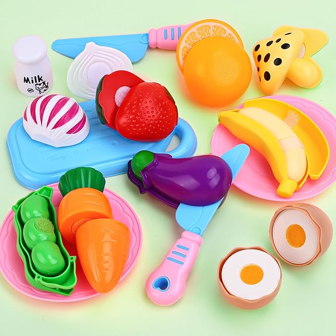 92PCS Play Food Set for Kids, Pretend Play Toys for Play Kitchen & Toddlers Learning, Food Toys with Cutting Fruits & Vegetables, Fake Food Gift Kitchen Playset for Kids Ages 3+