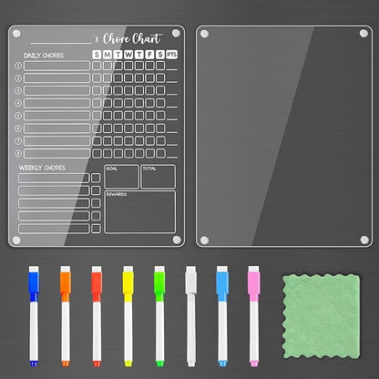 PigPotParty Clear Acrylic Magnetic Chore Chart and Blank Memo Whiteboard for Fridge, 2 Pack 9.5"x12" Dry Erase Board to Do List Meal Planner for Adult Teens Kids Family, Include 8 Markers & 1 Towel