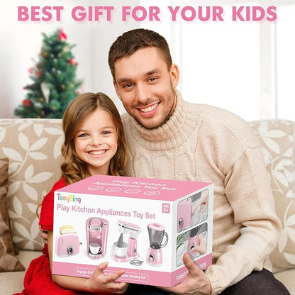 Pink Play Kitchen Appliances Toy Set with Coffee Maker Machine, Mixer, Toaster, Blender, Kids Kitchen Playset, Play Kitchen Accessories with Sound & Light, Birthday Gifts for Kid Girls Ages 3-5 4-8