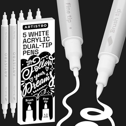 ARTISTRO 5 White Dual Tip Brush + Fine Acrylic Paint Pens Ideal for Calligraphy - Paint Markers for Fabric, Rock, Glass, DIY - Stocking Stuffers, Christmas Gift Idea for Teens, Grandkids, Kids