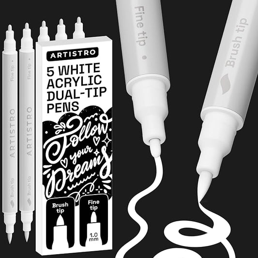 ARTISTRO 5 White Dual Tip Brush + Fine Acrylic Paint Pens Ideal for Calligraphy - Paint Markers for Fabric, Rock, Glass, DIY - Stocking Stuffers, Christmas Gift Idea for Teens, Grandkids, Kids