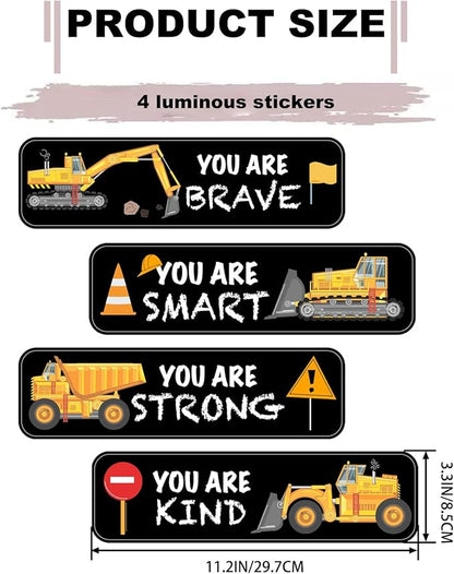 4 PCS Construction Wall Decals Glow in The Dark，Construction Stickers Toddler Room Decor for Kids Baby Nursery, Boys Glowing Motivational Wall Art Inspirational Sticker