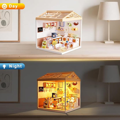 DIY Miniature House Kit Plastic House Building Toy Set with Roof & 2 Doors, Mini Dollhouse Kit with LED for Mini Figures Construction Toys Diorama Kit Gifts for Teens Adults (Happy Cat Pet)