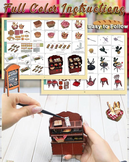 Miniature House Kit Julia Bakery, DIY Dollhouse Kit for Adults with Furniture & LED, Tiny House Kit Wooden Craft Gift for Adults Women Teens