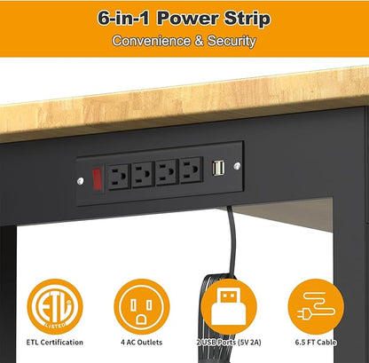 48" Adjustable Workbench for Garage, Solid Wood Top Work Bench for Garage, 2000 LBS Heavy-Duty Worktable with Power Outlets, Portable Work Station for Repair Shop, Workshop, Office