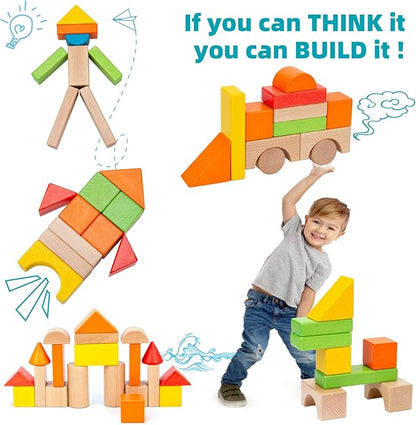 Wooden Building Blocks Set - Stacker Stacking Preschool Learning Educational Toys with Carrying Bag, Toddler Toys for 3+ Year Old Boy and Girl Gifts (80 Pcs)