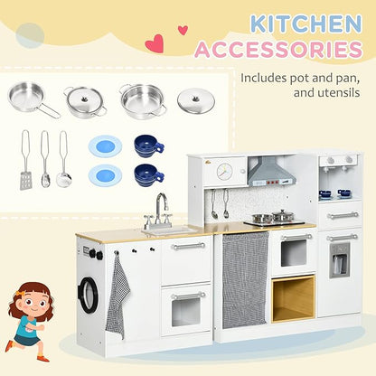 Qaba Kids Wooden Kitchen Playset with Sound Effects and Tons of Countertop Space, Wooden Corner Play Kitchen Set with Washing Machine, Imaginative Toy Pretend Restaurant, Ages 3-6, White