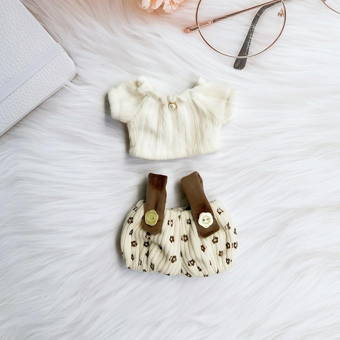 Clothes for Dolls Accessories (No Doll), Cute Outfit Set 2 Pieces Bib Pants for 15 & 17cm Doll Suit, Stylish Dress Up Overalls Doll Clothing Set Replacement Beige