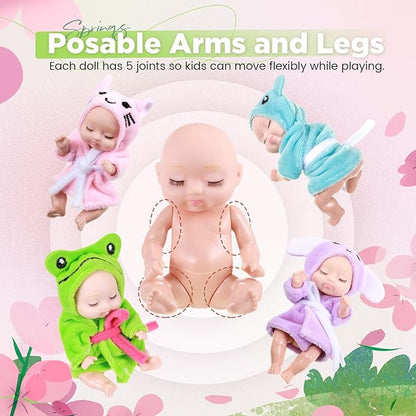 Hanaive 4 Pcs 4 Inch Mini Baby Dolls Lifelike Realistic Baby Dolls Animal Clothes Cute Tiny Gifts for Kids Birthday Party(Robe Style)