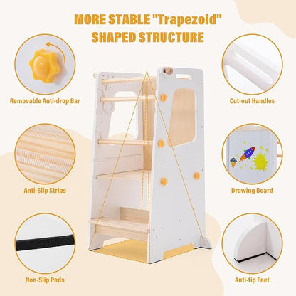 Toddler Standing Tower, Toddler Step Stool with White Board&Convertible Table and Chair, Kitchen Stool Height Adjustable with Safety Rail, Helper Tower for Kids Cooking