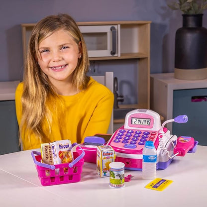 Pretend Play Electronic Pink Cash Register Toy Realistic Actions and Sounds