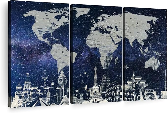 ElephantStock Starry World Map Multi Piece Canvas - 3 Panel Wall Decor - Map of the World Art - Canvas for the Office and Home - 45" X 28"