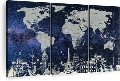 ElephantStock Starry World Map Multi Piece Canvas - 3 Panel Wall Decor - Map of the World Art - Canvas for the Office and Home - 65" X 42"