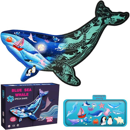 OLMZIHYVD Floor Puzzles for Kids Ages 3-5, 106 Pieces Glow in The Dark Whale Puzzle, Educational Gifts for Boys Girls and Animal Lovers, Ideal for Indoor and Outdoor Play, 27.8" × 21.5"