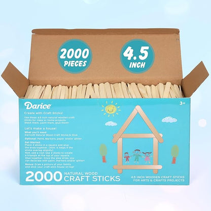 Darice 2000 Pcs Popsicle Stick, 4.5" Natural Wood Craft Sticks Supplies, Ice-Cream Stick Pop, Ages 3+