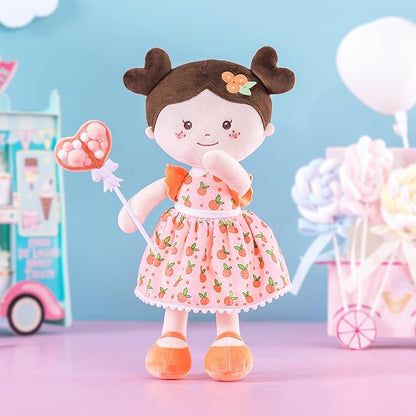 Onetoo Baby Soft Dolls Girls First Baby Doll Sleeping Cuddle Buddy Dolls Plush Rag Doll for Girls Wear Orang Dress 14"