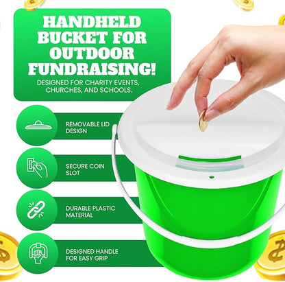 Plastic Coin Collection Bucket with Removable lid and Handle Charity Donation Collection Money Box Pail for Fundraising with top Slot for Tickets raffles and Money 7.5" Hx8.3 Diameter(Green) 4 Pack