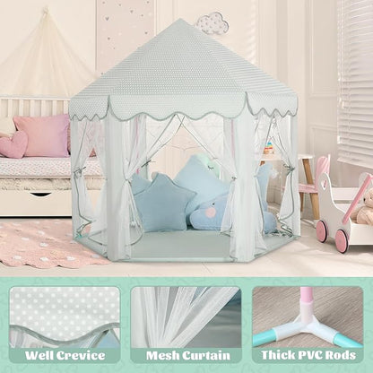 Princess Castle Tent for Girls Fairy Play Tents for Kids Blue Hexagon Playhouse with Fairy Star Lights Toys for Children or Toddlers Indoor or Outdoor Games (Green Princess Tent)