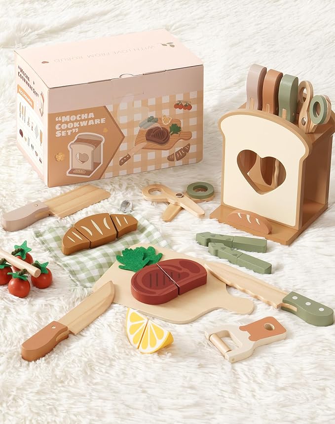 ROBOTIME Play Knife Set, Play Kitchen Accessories, Wooden Kids Play Toy Food – Pretend Play Food Set with Cutting Board, Wooden Fruits, Vegetables, and Cooking Tools for Toddlers Boys Girls