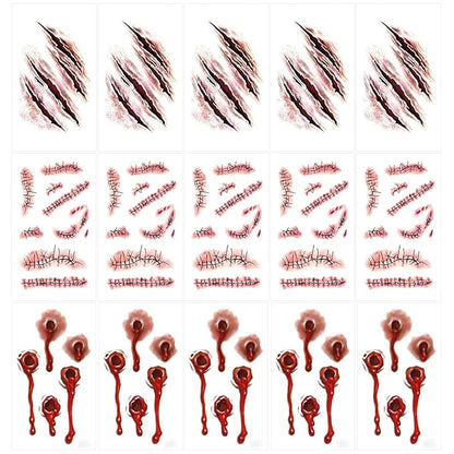 Scar Temporary Face Tattoo,Fake Bleeding Tattoos Sticker for Adult Kids Halloween Costume Accessories and Parties,15-Sheet