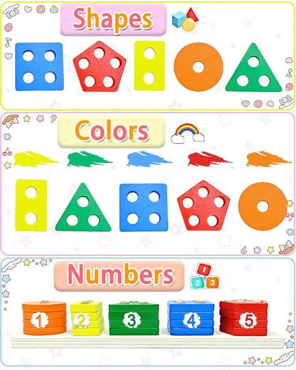 Montessori Toys for 1 2 Year Old Boys Girls, Toddler Toys for Age 1-2,1 2 Year Old Birthday Gifts, Wooden Blocks Sorting & Stacking Education Learning Toddler Puzzles Toy