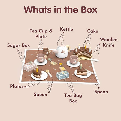 Speedy Monkey Birthday Tea Set for Kids – FSC Wooden Pretend Play Tea Party & Food Set with Teapot, Cups, Cake & Tea Bag – Toddler Girls Imaginative Role Play Kitchen Toy – Colorful Gift for Dollhouse