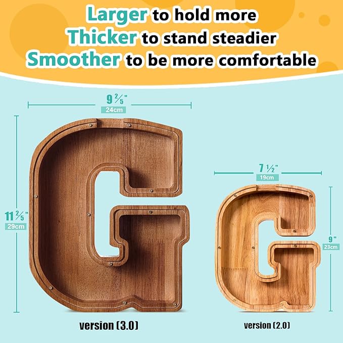 Summidate Customized Name Extra Large Wooden Piggy Bank for Kids Boys Girls Alphabets Letter A-Z Coins Bills Money Change Saving Box Clear Cover (Laser Engraved) Educational Toys 12"- Letter G