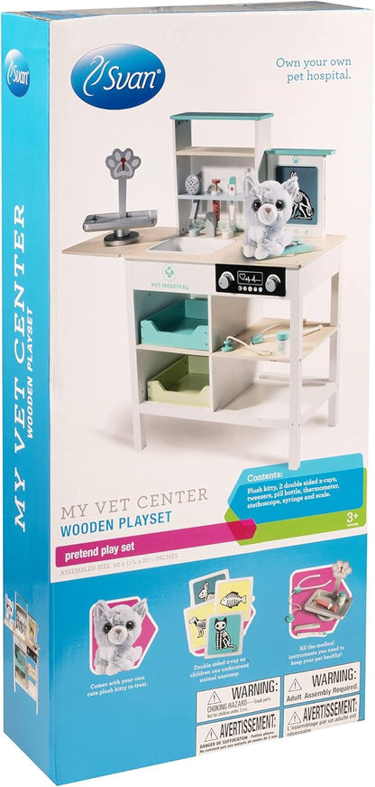 Vet Center Pretend Pet Hospital Playset- Wooden Animal Interactive Medical Checkup Set with Toy Cat, X-Ray Cards Stethoscope & Veterinarian Medical Accessories, Fun Doctor Role Play Xmas Gift for Kids