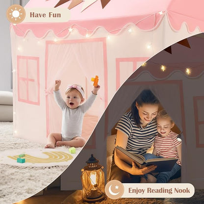 Kids Play Tent with Non-Slip Mat, Star String, Decorating Flag, Machine Washable Large Playhouse, Indoor and Outdoor Play Tent for Kids, Pink, 47" x 40" x 52"