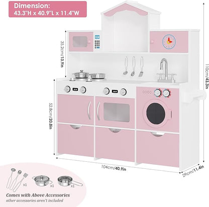 Keyluv Wooden Play Kitchen for Kids and Toddler, Montessori Toy Kitchen Playset with Plenty of Pretend Play Features and Storage Drawers, Gift for Boys and Girls, Pink