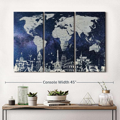 ElephantStock Starry World Map Multi Piece Canvas - 3 Panel Wall Decor - Map of the World Art - Canvas for the Office and Home - 38" X 24"