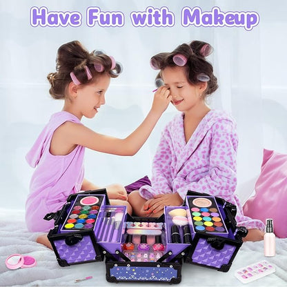 Hollyhi 59Pcs Kids Makeup Kit for Girl, Washable Play Makeup Toys Set for Dress Up, Beauty Vanity Set with Cosmetic Case Birthday Toys for Girls 3 4 5 6 7 8 9 10 11 12 Year Old Kids Toddlers (Purple)