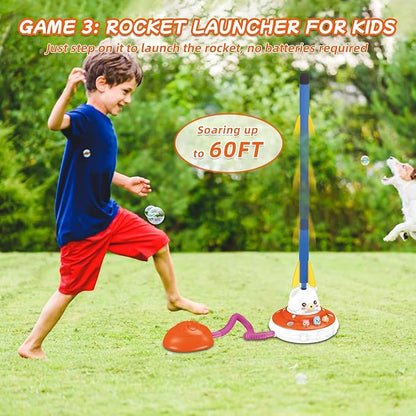 Sports Outdoors Play Set Toys - 5 in 1 Musical Jump Ring Toss Game Stomping Launch Rocket Launcher Basketball Throw for Kids - Indoor Outside Obstacle Avoidance Gifts for Toddlers Ages 4-8 8-13