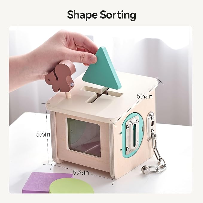 Wooden Lock Box STEM Learning Toys for Kids - Montessori Puzzle Cube with 3 Types of Locks (Hook/Chain/Sliding Bolt), Shape Sorting - Early Educational Fine Motor Skills for Boys & Girls